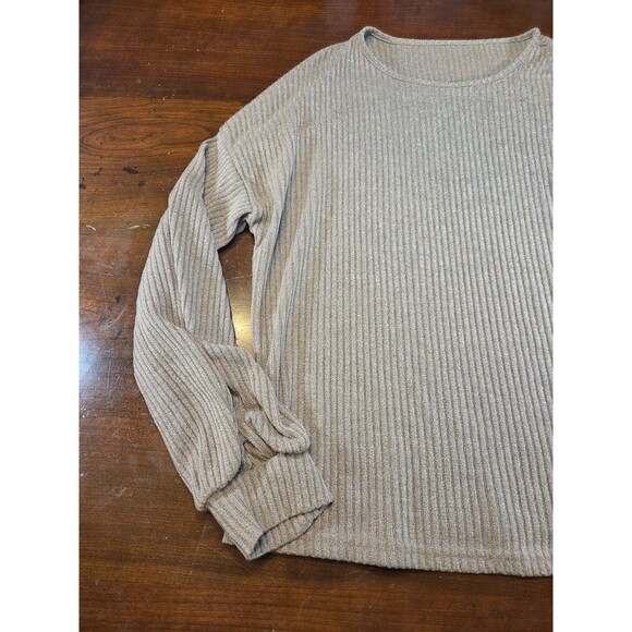 Womens Waffle Knit Top Medium Taupe Oversized Balloon Sleeve Ribbed Sweater Soft - Picture 2 of 4